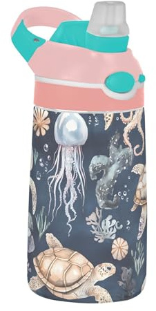 Sevdomey Watercolor Sea Life Kids Water Bottle with Straw for Girls Boys, Stainless Steel Insulated Leakproof Water 480ml for School Nursery Travel Sports