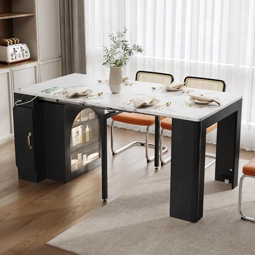 Isola della cucina con ruote, tavolo da pranzo allungabile con piano rimovibile, carrello da portata mobile con ciabatte, funge da credenza o tavolo da bar per cucina e sala da pranzo (nero)