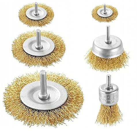 Ensemble de 6 brosses métalliques for perceuses, à roue métallique, embouts en acier revêtu laiton, bords 75 mm et 100