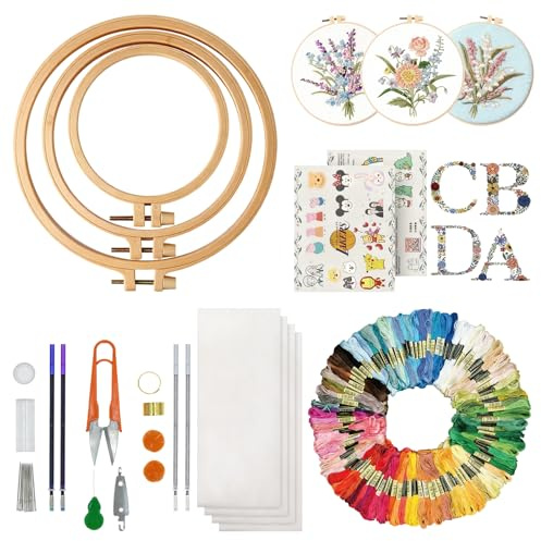 XIAOjnHONG 130 Pcs Embroidery Starter Kit 100 Threads 3 Bamboo Frames | Fabric Cross Stitch Kit Imitation Bamboo Frames Tools for Sewing Hand Embroidery for Beginners Adults