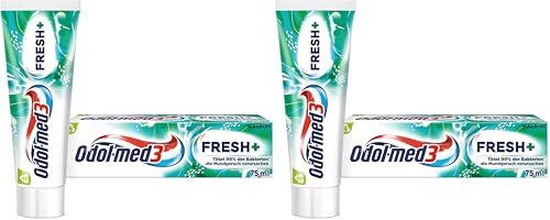 Odol-med3 Fresh+ Zahnpasta, Zahncreme mit Minzgeschmack für ein Frischegefühl, das selbst nach dem Zähneputzen anhält, 75ml (Packung mit 2)