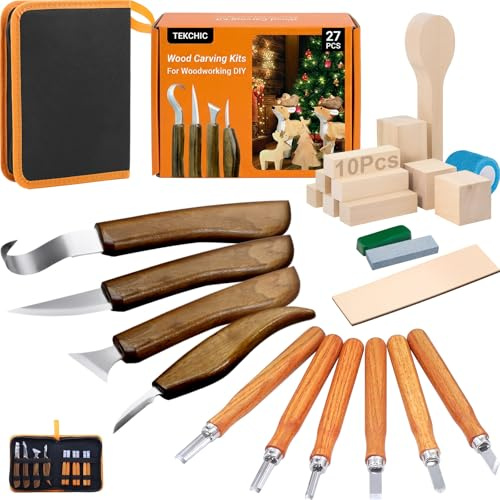 Tekchic - Set di attrezzi per intagliare il legno, 26 pezzi, con blocchi di legno di tiglio e custodia