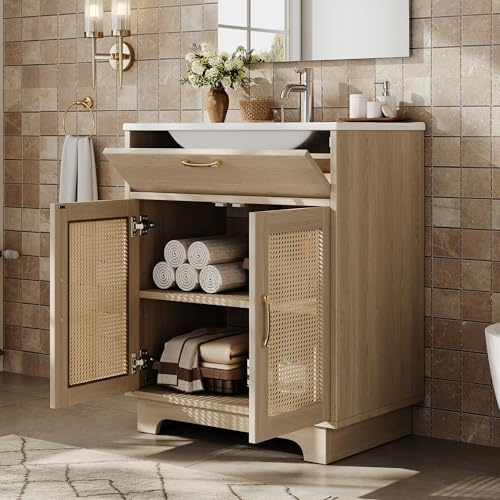 76 x 46 x 88 cm tocador de baño independiente, resistente a la humedad, con diseño de elevador de cajones y puertas dobles de cierre suave, patas altas con detalles de ratán, lavabo de cerámica, color