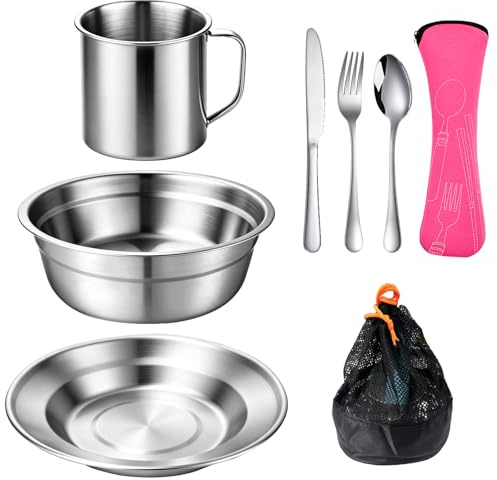 QUTHZZHY Campingbesteck Set 1 Person, Camping Geschirr Set Edelstahl | Geschirr Set mit Schalen Teller Tassen Gabeln Löffel und Messer, Picknick Outdoor Besteck für Camping, Rucksack, Wandern