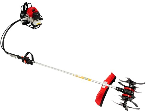 HUOMMGS 2 en 1 - Fresadora de jardín y cortacésped de gasolina, 43 cc, 1250 W, motor de 2 tiempos, 27 cm de ancho de corte y 32 cm de ancho de aflojamiento, cortacésped de gasolina, mochila para