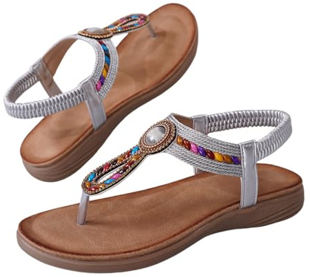 Nuoke sandalias,sandalias blancas planas, planas con tiras en T y cuentas para, con piedras preciosas de colores y elástico Transparentes (Silver, 38)