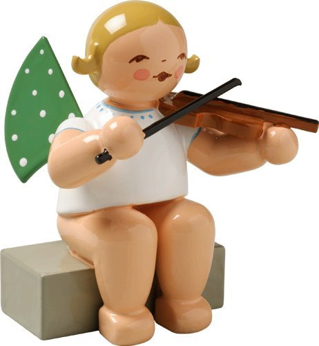 Grunhainichen-Engel aus Holz, handbemalt mit Violine, sitzend