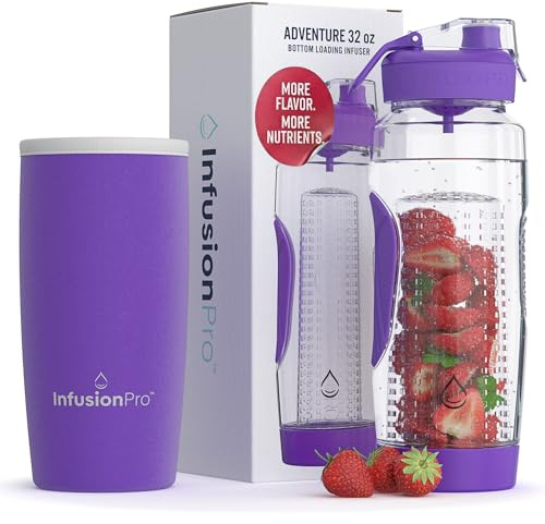 Infusion Pro 32 oz Fruit Infuser Water Bottle with Insulated Sleeve & 50 Recipe Fruit Infusion Water eBook : Bottom Loading, Large Water Infuser for More Flavor : Unique Gift Idea for Women