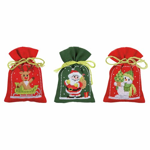 Vervaco Zählmusterpackung Stickset Säckchen Weihnachten 3er DIY Gezählter Kreuzstich Stickpackungen Basteln Erwachsene Kreativ Set 8 x 12 cm Stickset für Anfänger Stoffbeutel zum Sticken