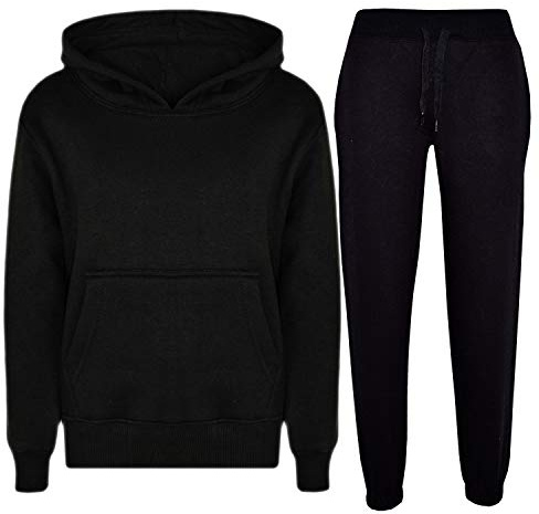 Boys Jogging Bottoms Girls Joggers Hooded Top Tracksuit Hoodie Fleece Pants PE Set Cotton Pockets Colour: Black Set - Size: 7-8 Years