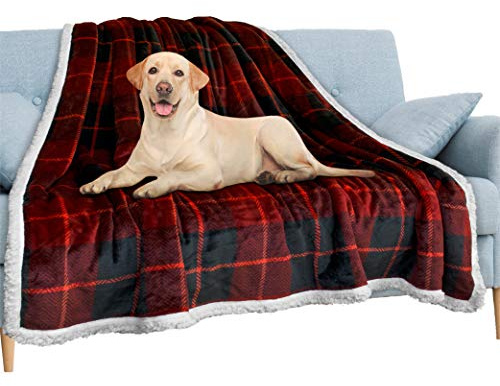 Pavilia Wasserdichte Decke für Couch und Sofa, Schutz für große Hunde und Katzen, weiche Sherpa-Decke, kariert, Rot, 60 x 80 cm