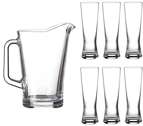 Lucente 7PC Durable Everyday Clear Drinking Glass & Pitcher Jug Set - Set of 6 Weizen Style Beer Soft Drink Glasses 300ml & 1.8L 1.8 Litre Pitcher Style Jug.