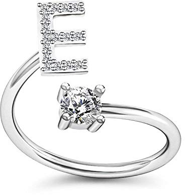 Bungsa E Ring Buchstabe - BUCHSTABEN RING silber mit Kristallen - biegbarer Fingerring/Zehenring Toering für Damen, Kinder & Herren