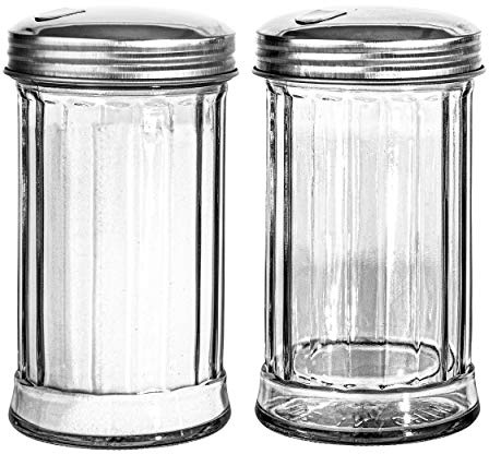 Stock Your Home Glass Sugar Dispenser (2 Pack) - Fluted Sugar Pourer with Stainless Steel Self Closing Lid - Crystal Clear Sugar Shaker for Diners, Cafes, Bakeries, Coffee Shops, Restaurants, Kitchens