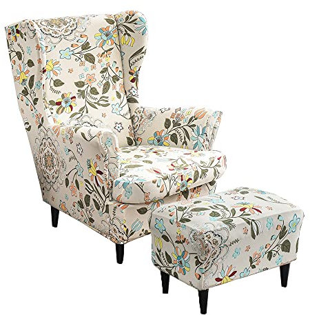 Highdi 2 Teilig Ohrensessel Überzug Mit Ottomane Schonbezug, Sessel-Überwürfe Ohrensessel Schonbezüge Bezug Sesselhusse Stretch Tiger Stuhlbezug mit Armlehne Hohe Rückenlehne (Nordischer Stil)