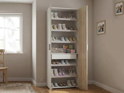 Dmora - Armoire polyvalente Ginestra, Armoire linéaire avec 2 portes battantes, Armoire avec 6 étagères, Étagère à chaussures moderne, 100% Made in Italy, 72x37h195 cm, Orme et Blanc