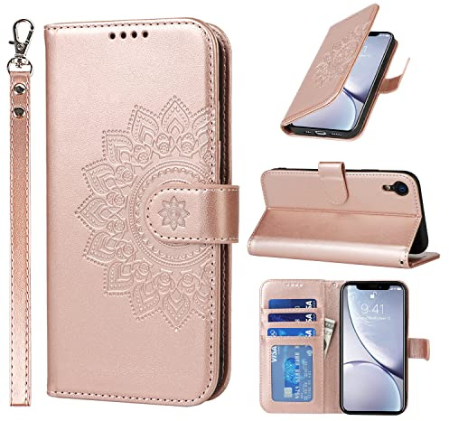 ELTEKER Handyhülle für iPhone XR, Hülle iPhone XR Klapphülle, [3 Kartenfächer] [Magnet Verschluss] Eleganter Prägung schutzhülle Ledertasche Hülle für iPhone XR, Roségold