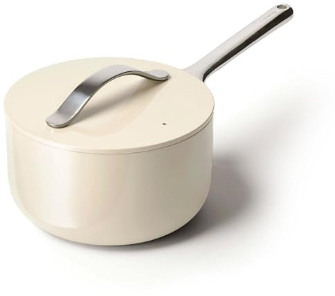 Caraway Nonstick Ceramic Sauce Pan with Lid (3 qt) - Non Toxic, PTFE & PFOA Free - Oven Safe & Compatible with All Stovetops (Gas, Electric & Induction) - Cream