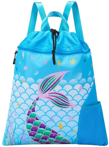 WAWSAM Drawstring Backpack for Kids, 15” × 17” Mermaid Gym Bag Cinch Bag for Girls Kids Waterproof Swim Beach Bag, Back to School Birthday Gift with Zippered Pocket and Bottle Pocket