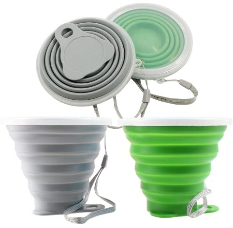 Litoexpe 2 Stück Silikon Faltbare Reisebecher Tragbar Faltbar Camping Becher Sets mit Deckel Grau & Grün