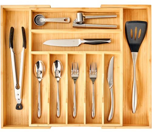 Umilife Large Expandable Kitchen Silverware Utensils Drawer Organizer, 2.5 Extra High Adjustable Drawer Divider with Curved Grooves, Bamboo Wood Cutlery Tray Flatware Holder