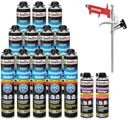Isolbau B2 Dämmstoffkleber SET - 12 x 750 ml Perimeterkleber, 2 x PU-Schaum-Reiniger & 1x Schaumpistole für EPS & XPS-Platten - 1K PU-Klebeschaum für Fixieren und Isolieren