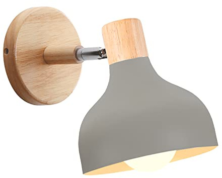 iDEGU Wandlampe Retro E27 Wandleuchte Moderne aus Holz Metall im Skandinavischen Stil Lampenschirm Tropfenförmig Verstellbare Wandspot Vintage Lampe für Schlafzimmer Wohnzimmer (Grau, 1 Stück)