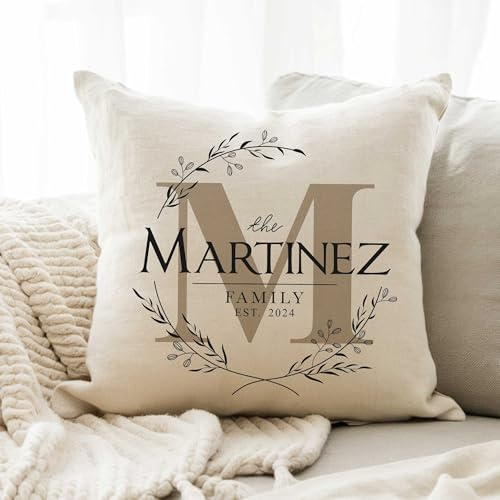 MRC Wood Products Personalized Family Name Throw Pillow Case | Customize with Name and Established Date Housewarming Cover Gift | 16x16 Covers Gifts (Cover Only)