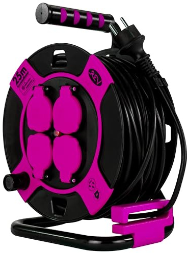 REV Kabeltrommel, IP44, Outdoor, 4 Schutzkontaktsteckdosen, 25m, pink