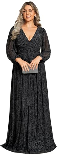 Ever-Pretty Robe de soirée formelle plissée à manches longues et col en V pour femme, taille empire, longueur au sol, grande taille