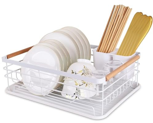 Dish rack drainer, Anti-Rust White metal dish drainer rack with dip Tray, Separate Cutlery Holder, White and wood dish drainer Wooden Handles Dish Drying Rak for kitchen Countertop Easy Clean Assembly