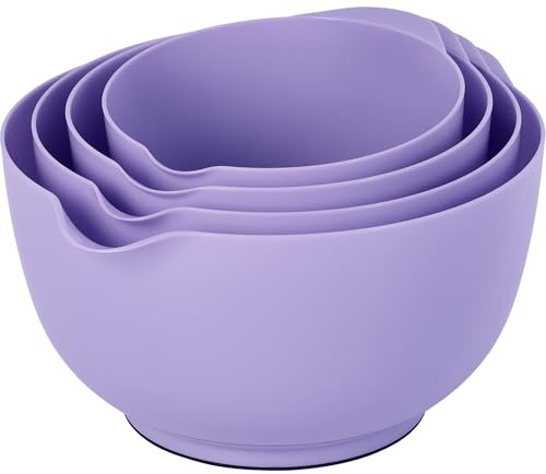 BoxedHome Mixing Bowls with Easy Pour Spout, Non-Slip Base, Large 4.3L, 3.3L, 2.3L, 1.6L, Nesting Salad Bowls for Kitchen Storage, BPA-Free, Dishwasher & Microwave Safe, Ideal for Baking, Purple