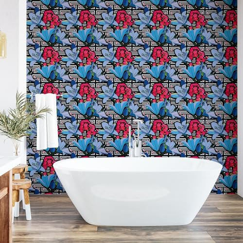 Ambesonne Flowery Art Peel & Stick Wallpaper for Home, Lilies and Pansies on an Abstract Intricate Maze Backdrop, Self-Adhesive Living Room Kitchen Accent, 33 cm x 250 cm, Dark Pink and Dark Ceil Blue