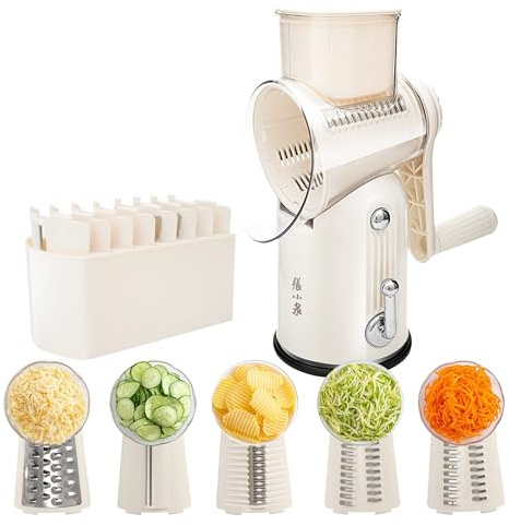 Rallador de Queso Manual con Manivela y Protector, Cortador de Verdura con 5 Cuchillas Intercambiables, Mandolina de Cocina Multifunción para Frutas, Pepino, Zanahoria, Nueces