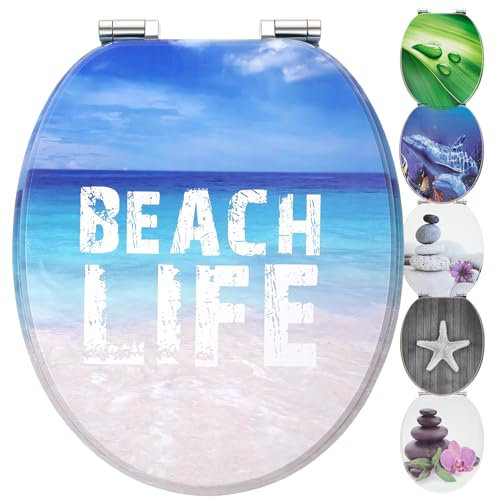 WC Sitz mit Absenkautomatik | Holzkern | stabile Softclose Scharniere | einfache Montage | glatte Oberfläche | tolle Motive zur Auswahl | Holz WC-Deckel universell passend (Beach Life)