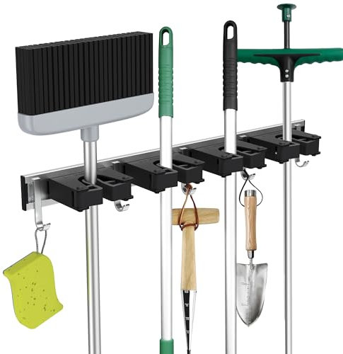 GARTOL Supporto per scopa da parete, supporto per attrezzi da giardino, supporto da parete con 4 supporti e 5 ganci, porta scopa, organizer per attrezzi per giardino, bagno, cucina, casa