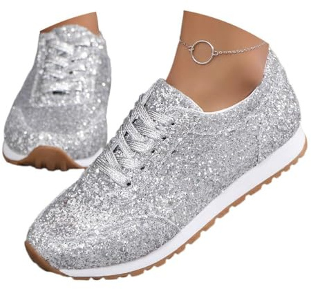 shownicer Scarpe Donna Paillettes Sneaker con Lacci Moda Schuche Glitter Sneaker Casual Piattaforma Scarpe Sportive Fitness Sneakers A Argento 43 EU