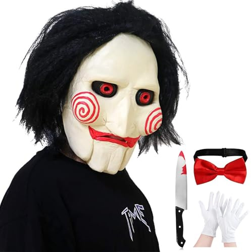 Claofoc Horror Clown Maske Erwachsene Halloween Gruselige Puppen Masken | 1 Vollkopfmaske, Latex, schwarze Haare, verstellbares Band, Einheitsgröße, weiß rot schwarz, Halloween, Karneval, Cosplay