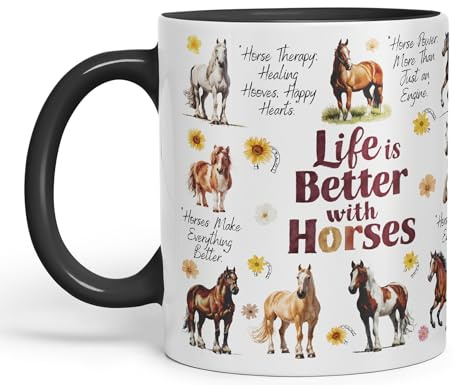 Vixar Life is better with Horses häst skämt keramisk färgad mugg kopp för te kaffe varm bryggning 330 ml 325 ml gåva (svart)