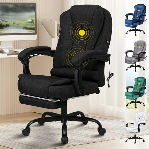ALFORDSON Ergonomisk kontorsstol med massage, fotstöd och 150° lutningsfunktion, verkställande stol med gasfjäder, snurrstol, tyg, svart