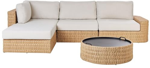 Beliani Lounge Set 3-teilig Rattan natürlich Auflagen beige Couchtisch Ottomane Oliveri