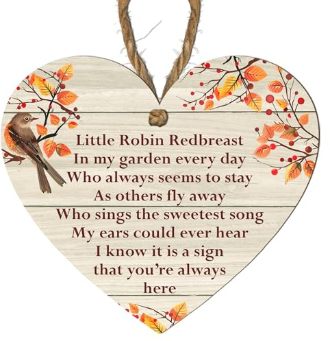 Memorial Plaque - Little Robin Redbreast - Autumn Garden Design with Sweet Sentiment - A Heartfelt Tribute to Loved Ones - Hanging Wooden Decoration for Indoor Use (Small: 10 cm (H) × 9 cm (W))