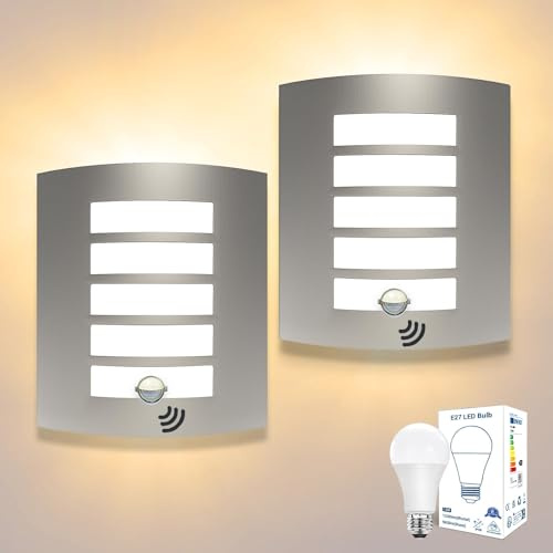 Unikcst 2er Set Außenlampe mit Bewegungsmelder E27 Aussenlampe | IP44 Wandleuchte Aussen Edelstahl ABS für Hauswand Balkon Außenleuchte inkl.2 x 12W Warmweiß LED Leuchtmittel