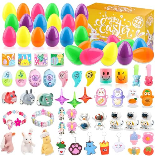 Seamart 48 Stück Vorgefüllte Ostereier mit Cartoon Spielzeug, Armbänder Schlüsselanhänger für Oster Party, Ostereier zum Befüllen, Ostereier Jagd, Osterkorbfüller Geschenk für Kinder(Zufälliger Stil)