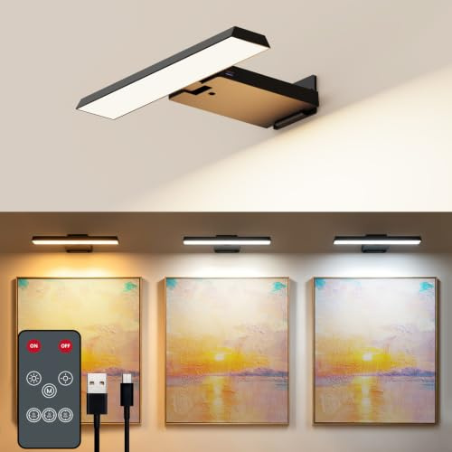 Coollamp Bildbeleuchtung Kabellos, Akku Wandleuchte Innen, Dimmbare Wandleuchte für Gemälde, Bilder & Dart Beleuchtung, LED Wandlampe mit 3 Farbtemperaturen, CRI 95+, Fernbedienung mit Timer, Schwarz