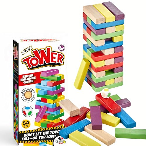 totteriq Colourful Wooden Tower Game with Dice – 54-Piece Stacking Blocks for Kids And Adults – Fun Family Game With 6 Vibrant Colours, Educational Toy for Boys and Girls Ages 5 Plus