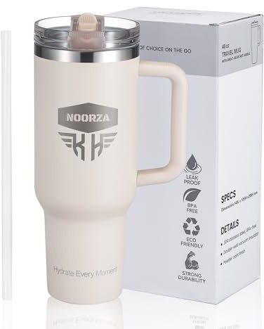 NOORZA Mug Isotherme 1,18L Acier Inoxydable 18/8 – Tumbler Grande Capacité avec Poignée, Paille et Couvercle Étanche – Double Paroi Sans BPA – Garde le Chaud et le Froid Pendant des Heures-Beige
