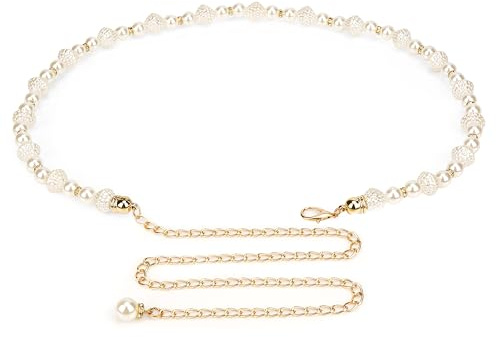 Linkidea Cintura a Catena per Donne, Cinture in Oro e Bianco con Perle Sintetiche, 80-110 cm Regolabile per Decorazione del Corpo, per Abiti, Feste, Abbigliamento Casual, Accessorio di Gioielleria