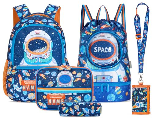 Tanou skolryggsäck pojkar 1:3. Klass, 5-delad ryggsäck grundskola lätt, tecknad design mode väskor barn skolväskor set för pojkar, 18 liter, Mörkblå – orange, Skolväskeset