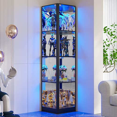 FREDEES Vitrine mit Glastüren, Eck-Kuriositätenschränke mit LED-Beleuchtung, 4-stöckige Glasvitrine für Sammlerstücke/Spielzeug/Bücher, Verspiegelter Aufbewahrungsschrank, Schwarz